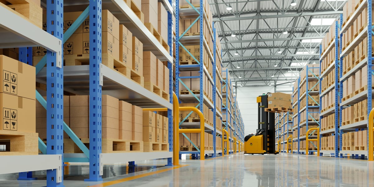 Modern logistics warehouse with pallets ready for shipping and distribution