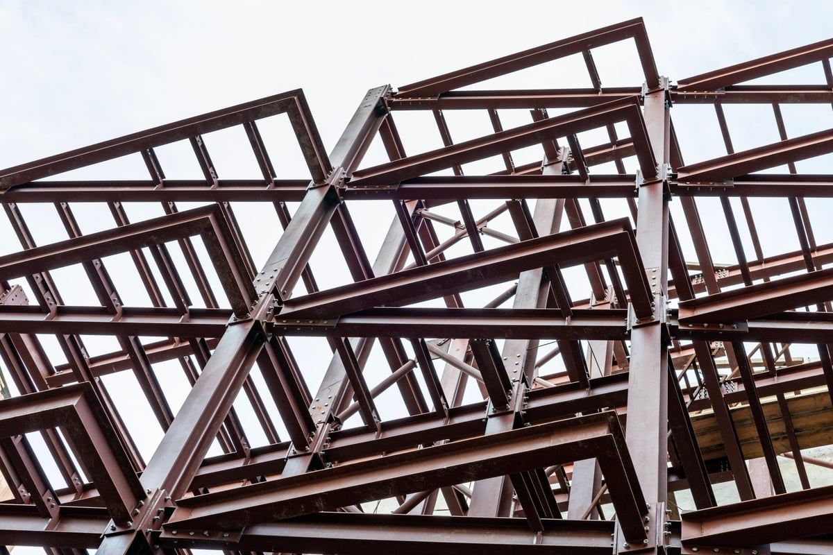 Steel structure under construction with beams and girders